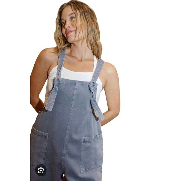 Wish List Women's Oversized Soldier Blue Washed Cotton Overall Romper Shorts w A - Picture 1 of 10